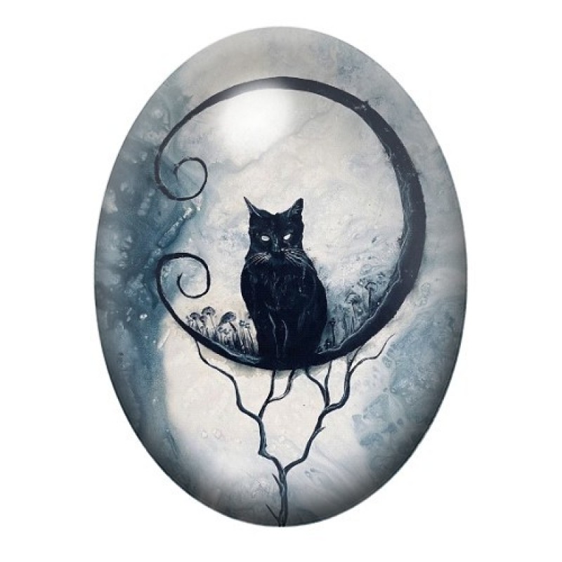 Cabochon en Verre Illustré Chat Noir Lune Halloween Gothique 13x18, 18x25 ou 30x40mm