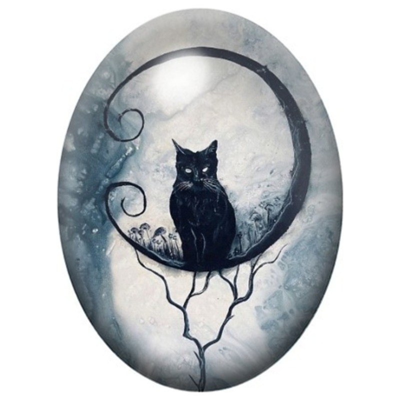 Cabochon en Verre Illustré Chat Noir sur un Croissant de Lune 13x18, 18x25 ou 30x40mm