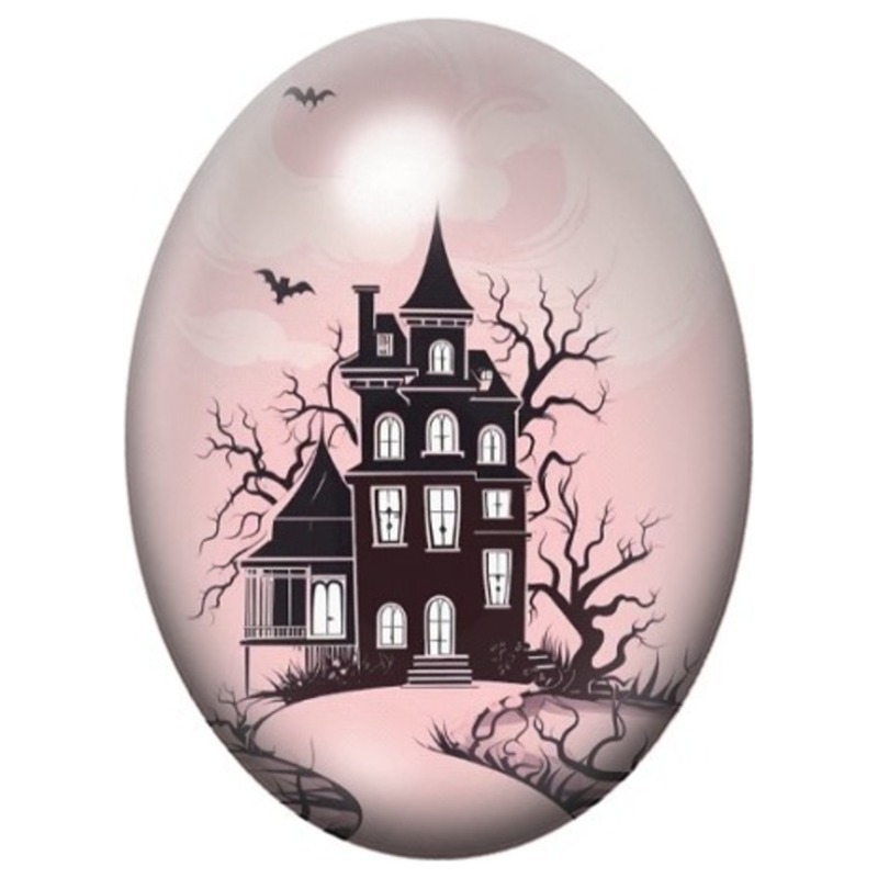 Cabochon en Verre Illustré Maison Hantée sur Fond Rose 13x18, 18x25 ou 30x40mm