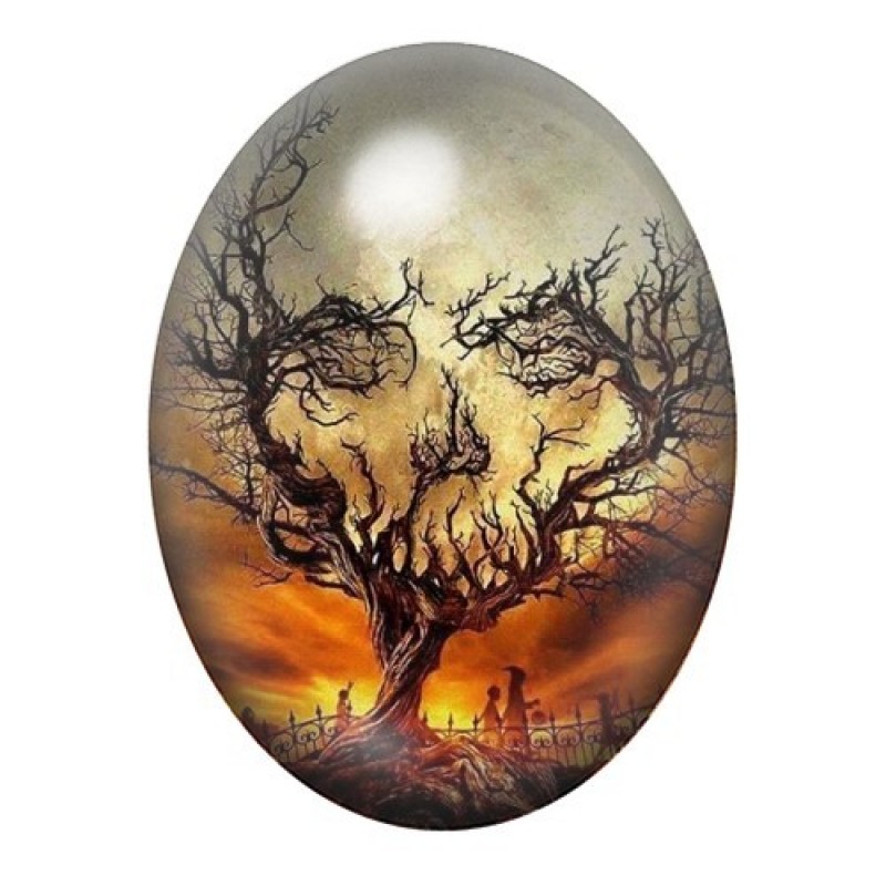 Cabochon en Verre Illustré Arbre Tête de Mort Lune Halloween 13x18, 18x25 ou 30x40mm