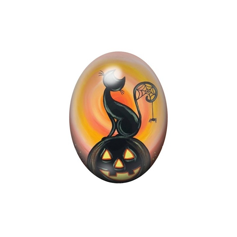 Cabochon en Verre Illustré Chat Noir Citrouille Halloween 13x18, 18x25 ou 30x40mm