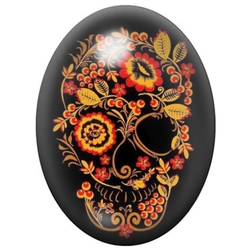 Cabochon en Verre Illustré Crâne Floral Orange et Rouge 13x18, 18x25 ou 30x40mm