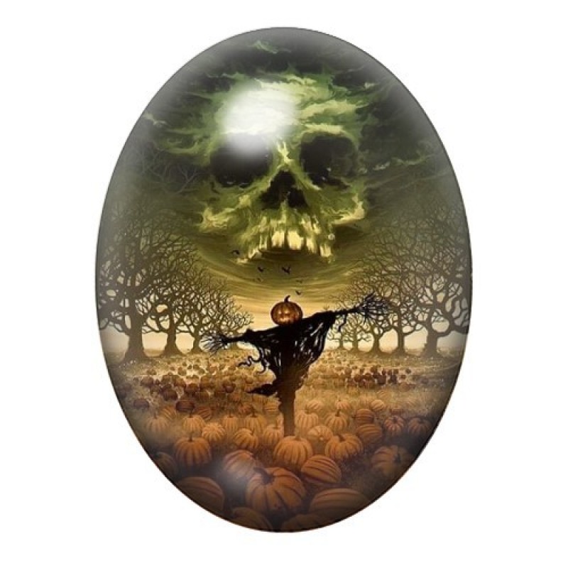 Cabochon en Verre Illustré Tête de Mort Epouvantail Halloween 13x18, 18x25 ou 30x40mm
