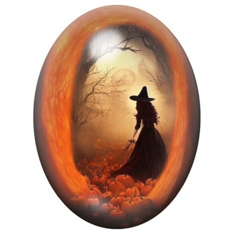 Cabochon en Verre Illustré Sorcière dans la Forêt Orange 13x18, 18x25 ou 30x40mm