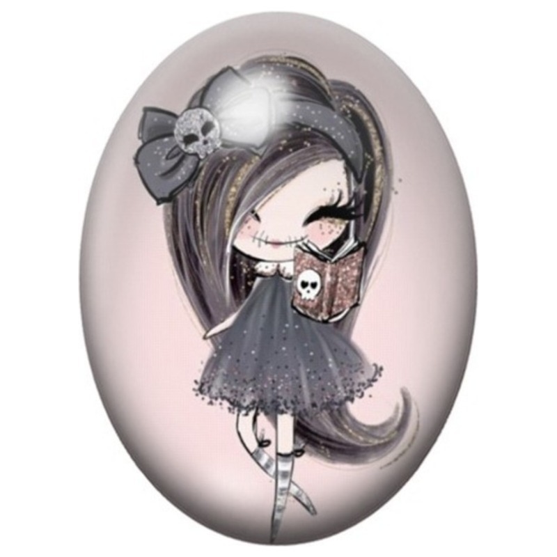 Cabochon en Verre Illustré Petite Fille Gothique au Crâne 13x18, 18x25 ou 30x40mm