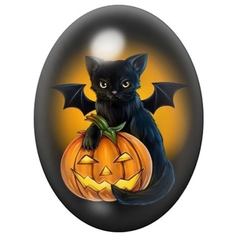 Cabochon en Verre Illustré Chat Noir aux Ailes de Chauve-Souris et Citrouille 13x18, 18x25 ou 30x40mm