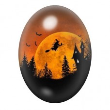 Cabochon en Verre Illustré Sorcière volant devant la Lune Orange 13x18, 18x25 ou 30x40mm pour la création de bijoux fantaisie - 