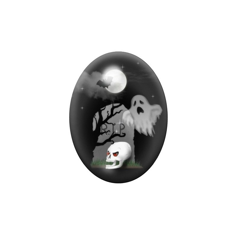 Cabochon en Verre Illustré Fantôme Tête de Mort Halloween 13x18, 18x25 ou 30x40mm