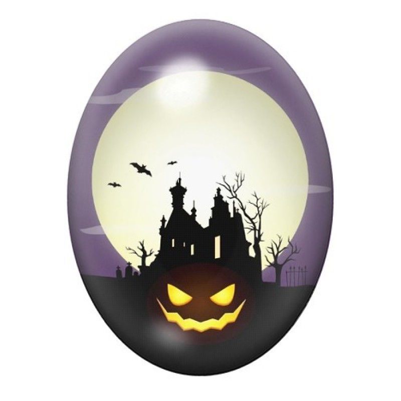 Cabochon en Verre Illustré Citrouille Manoir Hanté Halloween 13x18, 18x25 ou 30x40mm