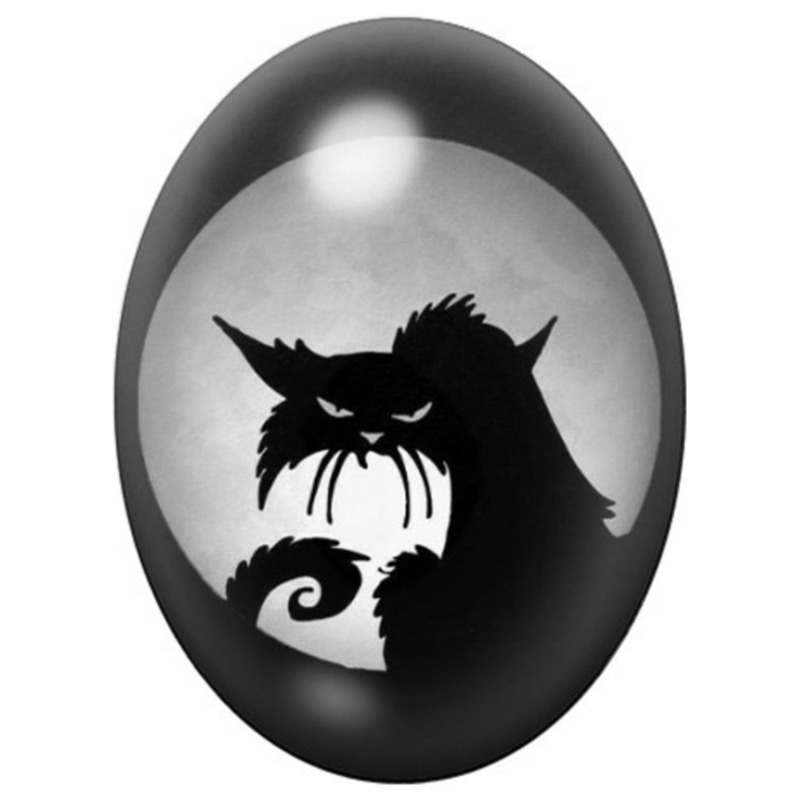 Cabochon en Verre Illustré Chat Noir devant la Pleine Lune 13x18, 18x25 ou 30x40mm