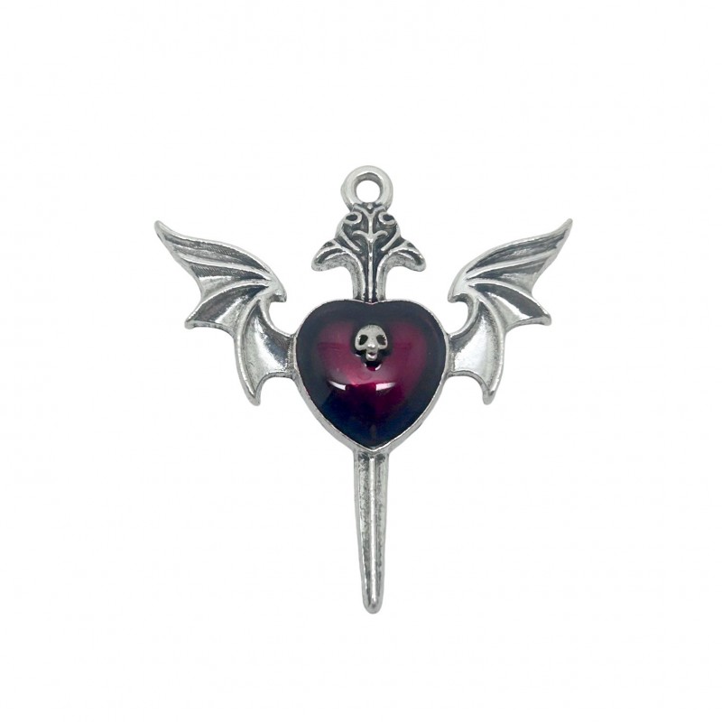 Breloque Coeur Ailes Tête de Mort en Émail Rouge Métal Argenté Gothique 37x33mm