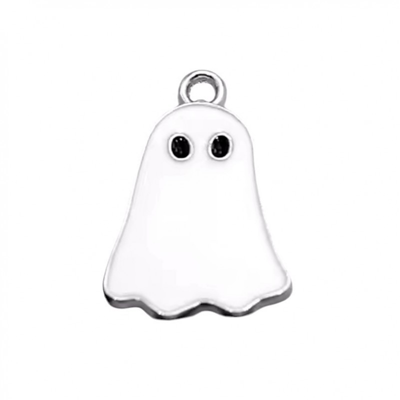 2 Breloques Fantôme en Émail Blanc Métal Argenté Halloween 26x15mm