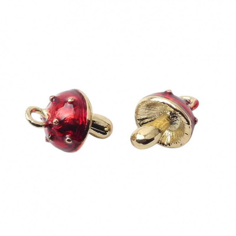 Breloque Champignon 3D en Émail Rouge Métal Doré 13x9mm