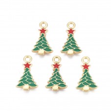 10 Breloques Sapin de Noël Métal Doré en Émail Vert 20x11mm