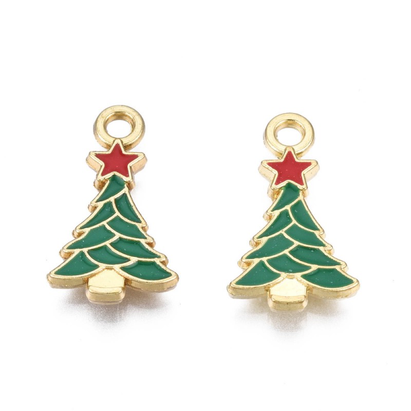 10 Breloques Sapin de Noël Métal Doré en Émail Vert 20x11mm