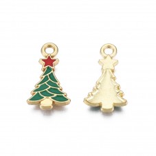 10 Breloques Sapin de Noël Métal Doré en Émail Vert 20x11mm