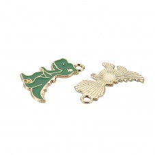 2 Breloques Dinosaure Émail Vert Métal Doré 23x19mm