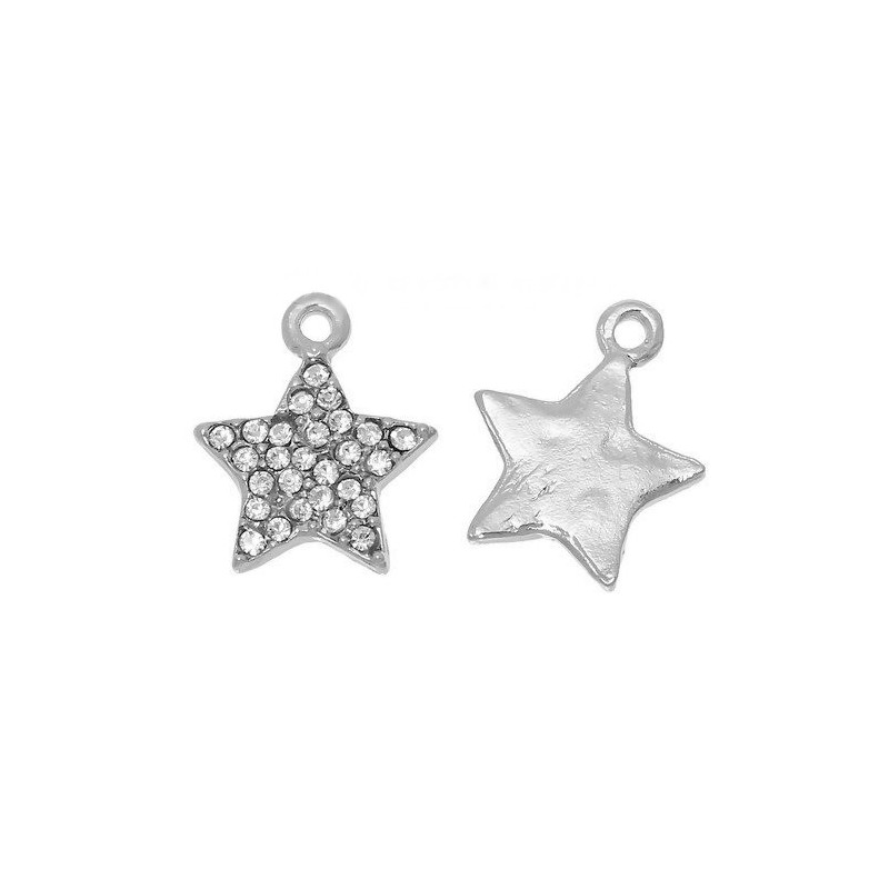 2 Breloques Étoile en Métal Argenté Strass 17x15mm