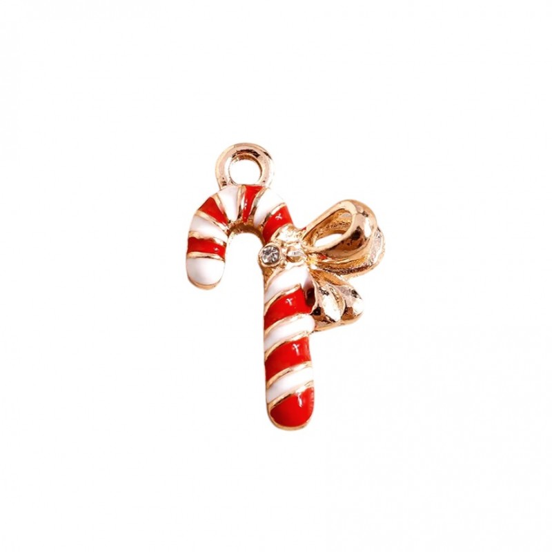 2 Breloques Sucre d'Orge Noël en Émail Métal Doré Strass 22x15mm