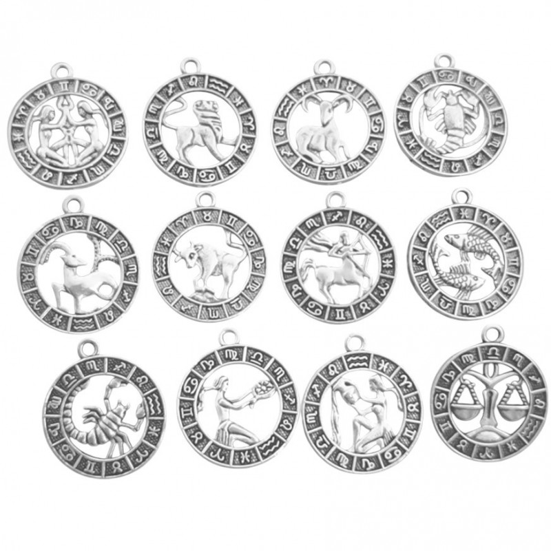 12 Breloques Constellations du Zodiaque en Métal Argenté 24x21mm