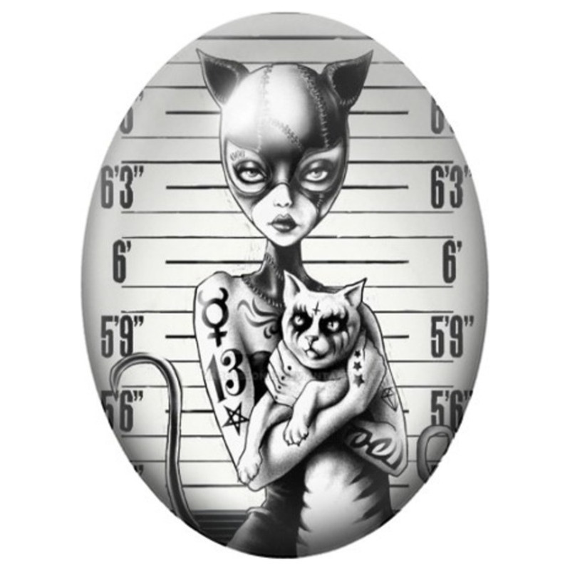 Cabochon en Verre Illustré Catwoman au Chaton en Portrait Judiciaire 13x18, 18x25 ou 30x40mm
