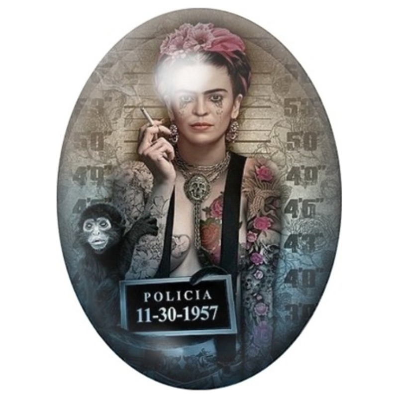 Cabochon en Verre Illustré Frida Kahlo en Portrait Judiciaire 13x18, 18x25 ou 30x40mm