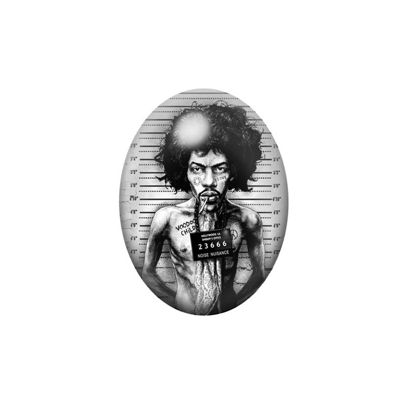 Cabochon en Verre Illustré Jimi Hendrix Coupable Police Gothique 13x18, 18x25 ou 30x40mm
