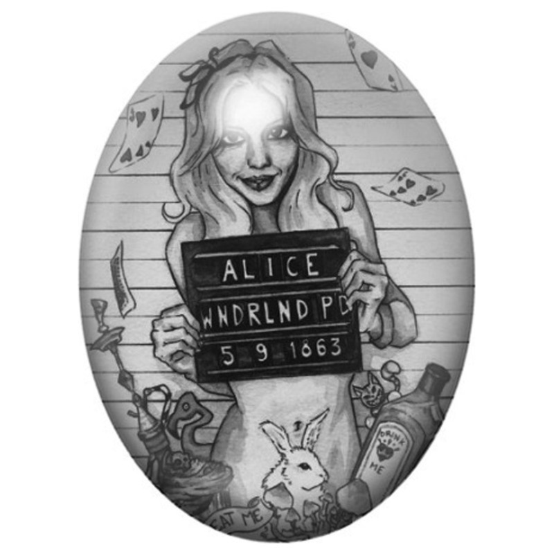 Cabochon en Verre Illustré Alice au Pays des Merveilles en Portrait Judiciaire 13x18, 18x25 ou 30x40mm
