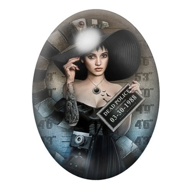 Cabochon en Verre Illustré Sorcière au Grand Chapeau en Portrait Judiciaire 13x18, 18x25 ou 30x40mm