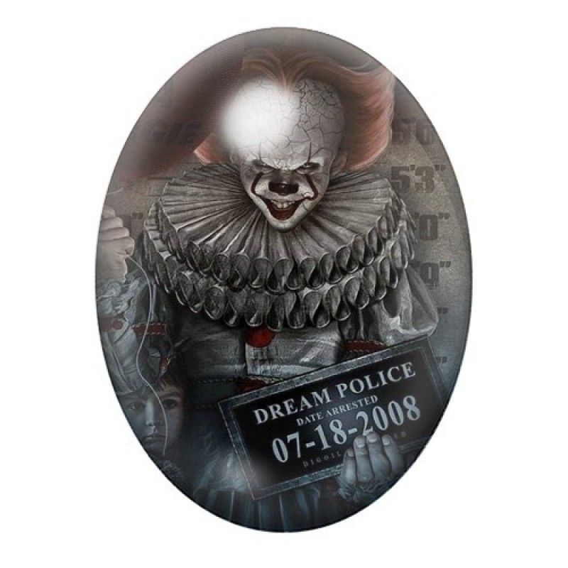 Cabochon en Verre Illustré Pennywise en Portrait Judiciaire 13x18, 18x25 ou 30x40mm