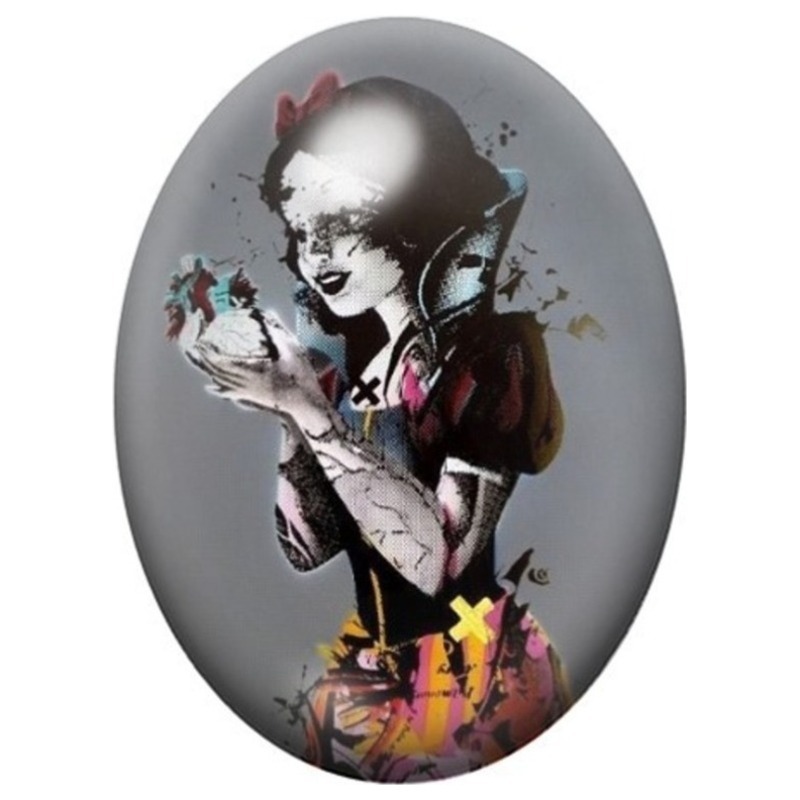 Cabochon en Verre Illustré Femme à la Pomme en Collage Urbain 13x18, 18x25 ou 30x40mm