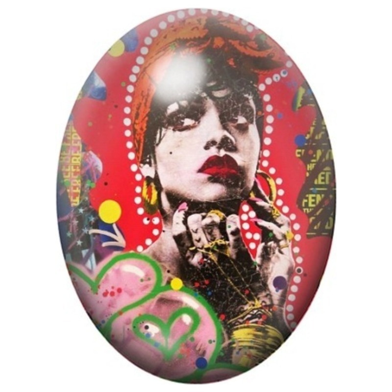 Cabochon en Verre Illustré Femme en Pop Art Rouge à Pois 13x18, 18x25 ou 30x40mm