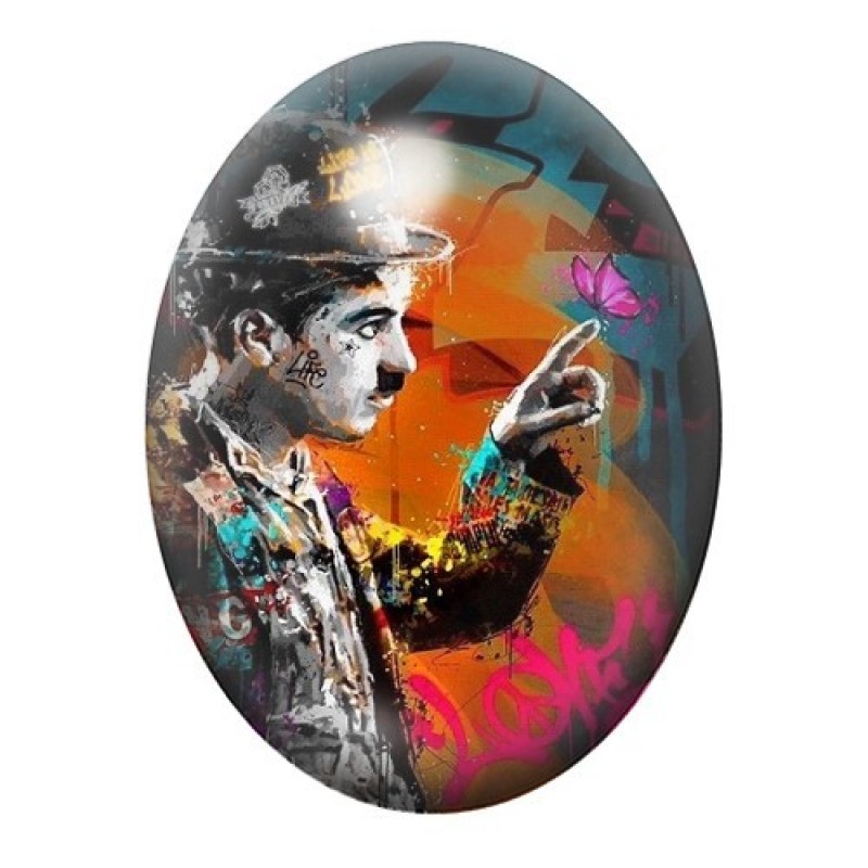 Cabochon en Verre Illustré Charlie Chaplin en Collage Coloré 13x18, 18x25 ou 30x40mm