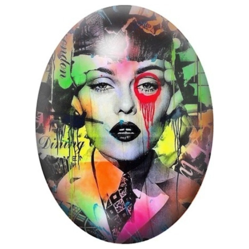 Cabochon en Verre Illustré Femme Multicolore en Portrait Graffiti 13x18, 18x25 ou 30x40mm