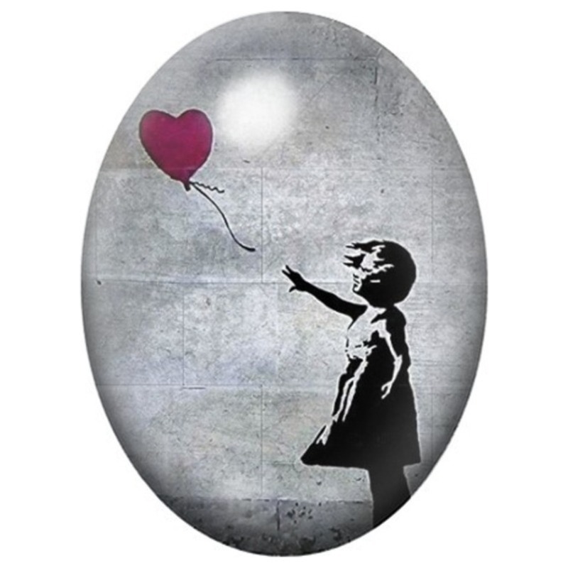 Cabochon en Verre Illustré Jeune Fille au Ballon Cœur Rouge 13x18, 18x25 ou 30x40mm
