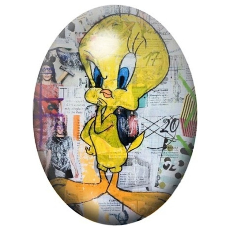 Cabochon en Verre Illustré Titi en Collage Pop Art 13x18, 18x25 ou 30x40mm