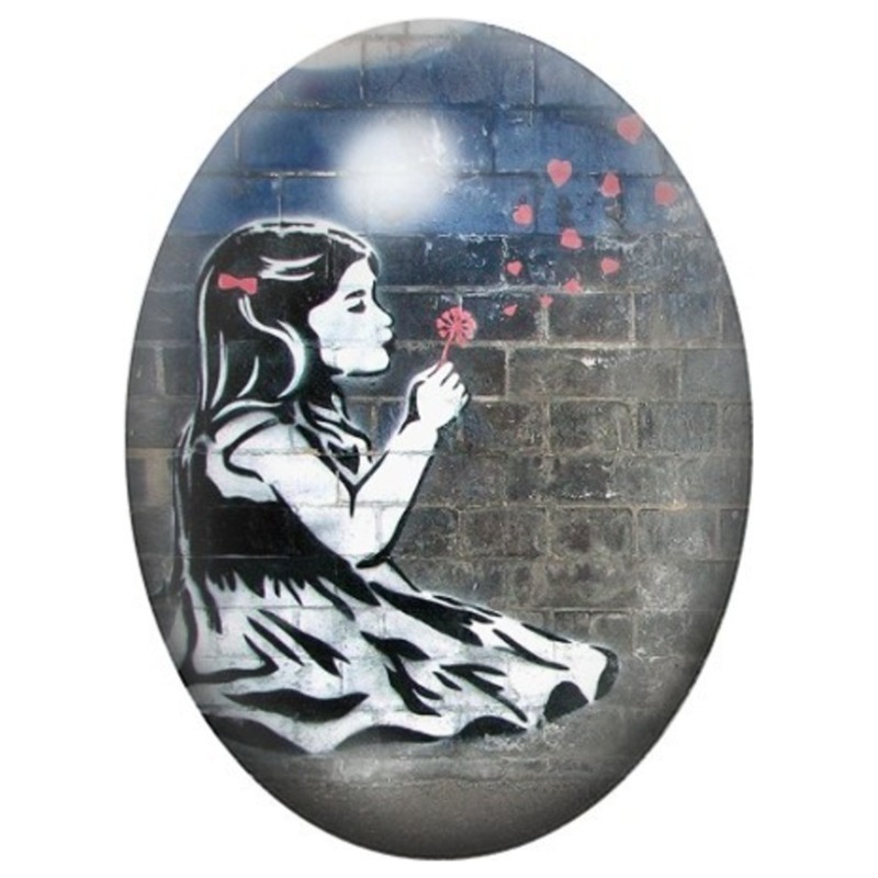 Cabochon en Verre Illustré Princesse assise devant un Mur de Briques 13x18, 18x25 ou 30x40mm