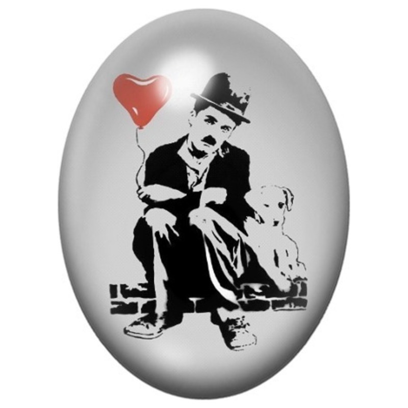 Cabochon en Verre Illustré Charlie Chaplin au Ballon Cœur 13x18, 18x25 ou 30x40mm
