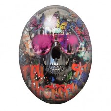Cabochon en Verre Illustré Crâne aux Lunettes Roses et Papillons 13x18, 18x25 ou 30x40mm pour la création de bijoux fantaisie - 