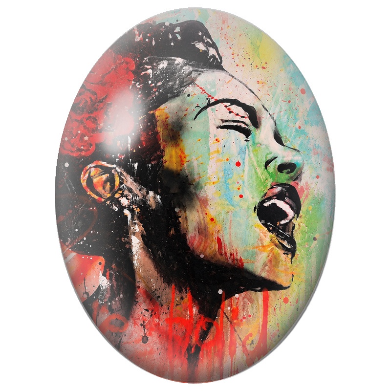 Cabochon en Verre Illustré Chanteuse en Portrait Rouge et Noir 13x18, 18x25 ou 30x40mm