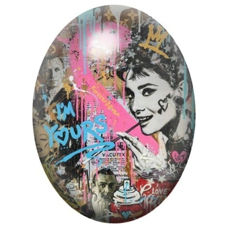 Cabochon en Verre Illustré Audrey Hepburn I’m Yours en Collage 13x18, 18x25 ou 30x40mm