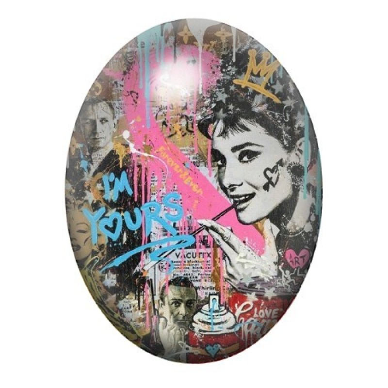 Cabochon en Verre Illustré Audrey Hepburn Street Art 13x18, 18x25 ou 30x40mm