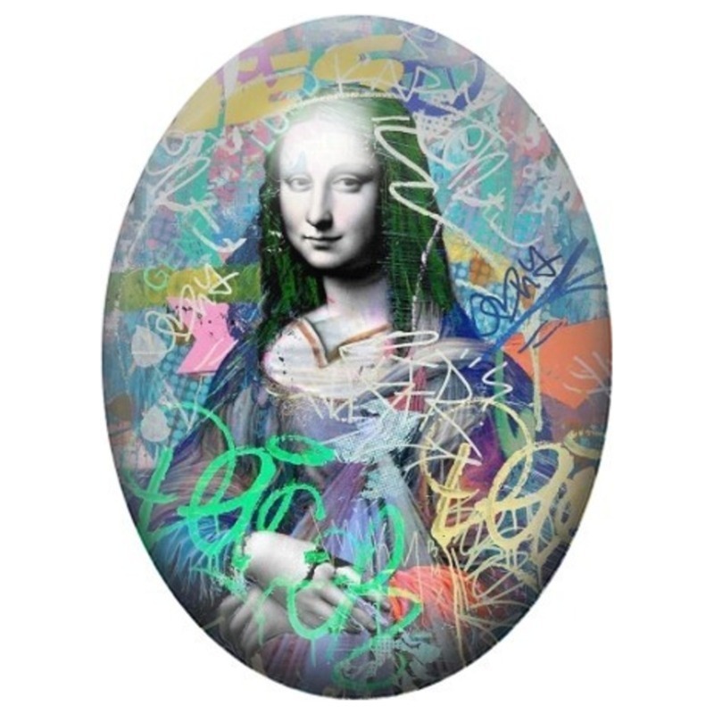 Cabochon en Verre Illustré Mona Lisa sur Fond Graffiti Fluo 13x18, 18x25 ou 30x40mm