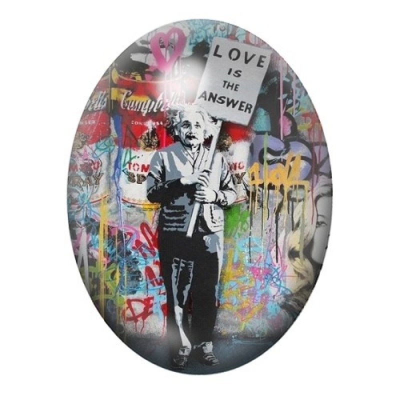 Cabochon en Verre Illustré Einstein "Love is the Answer" Street Art 13x18, 18x25 ou 30x40mm