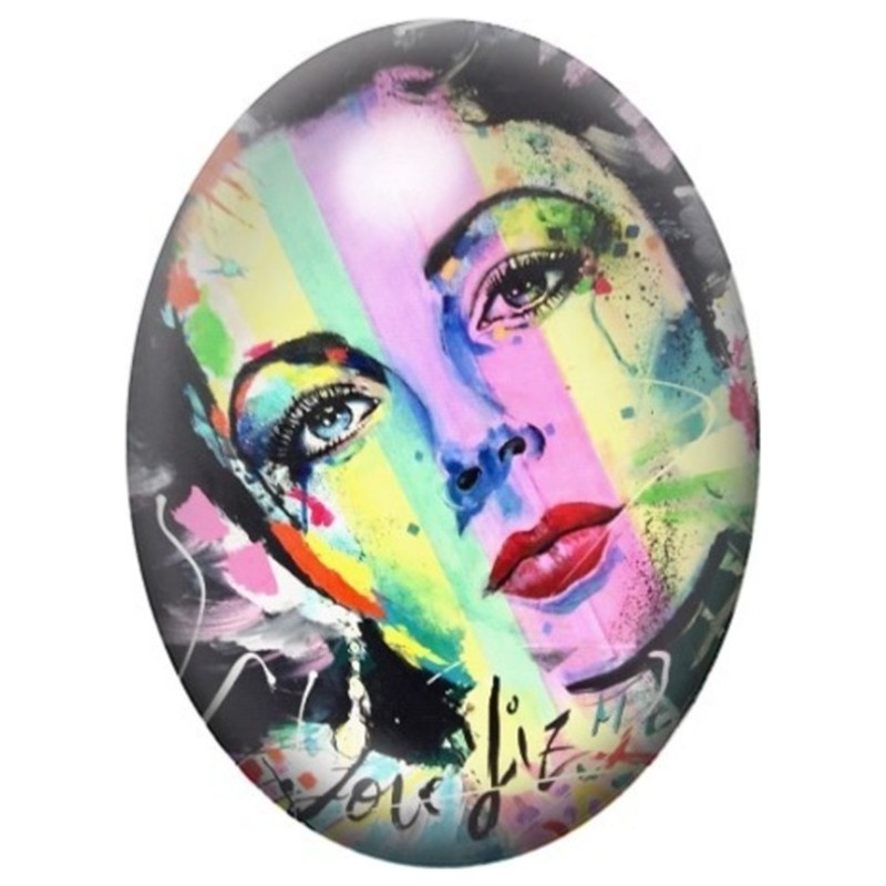 Cabochon en Verre Illustré Femme au Visage Aquarelle Multicolore 13x18, 18x25 ou 30x40mm