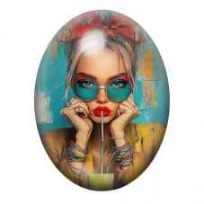 Cabochon en Verre Illustré Femme aux Lunettes Turquoise et Cocktail 13x18, 18x25 ou 30x40mm pour la création de bijoux fantaisie