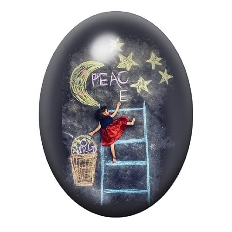 Cabochon en Verre Illustré Jeune Fille écrivant Peace dans les Étoiles 13x18, 18x25 ou 30x40mm