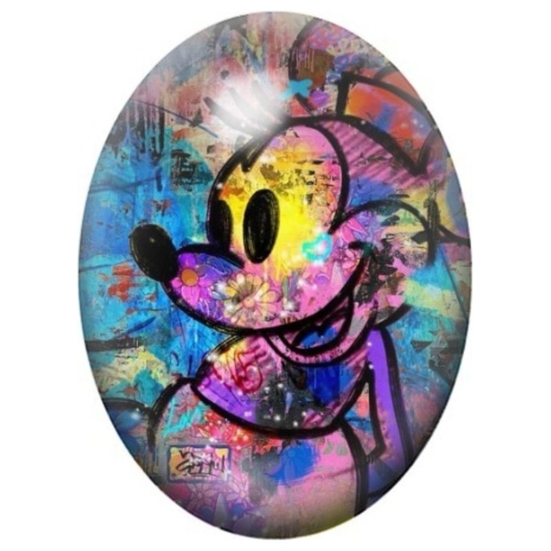 Cabochon en Verre Illustré Mickey Mouse en Graffiti Coloré 13x18, 18x25 ou 30x40mm