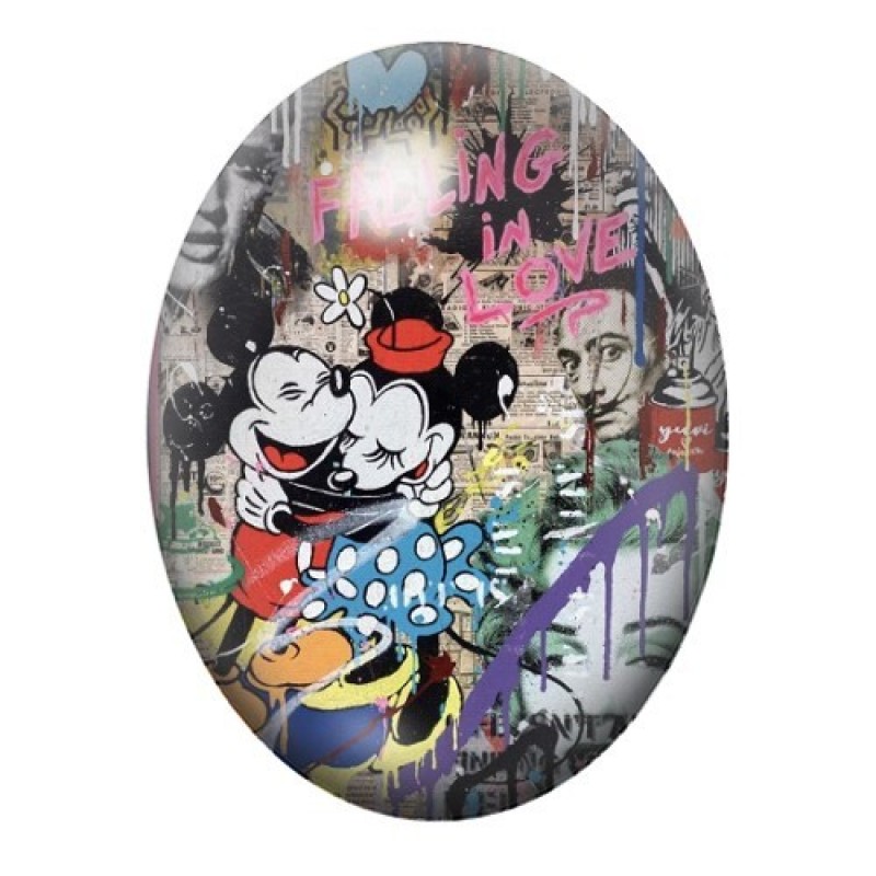 Cabochon en Verre Illustré Mickey et Minnie "Falling in Love" Street Art 13x18, 18x25 ou 30x40mm