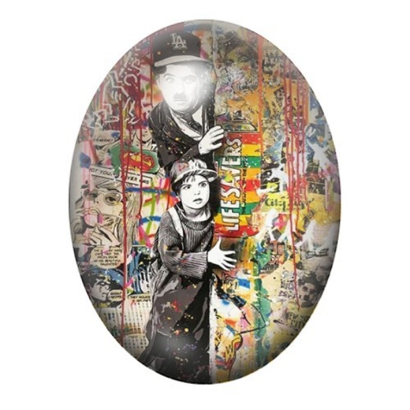 Cabochon en Verre Illustré Charlie Chaplin Street Art 13x18, 18x25 ou 30x40mm